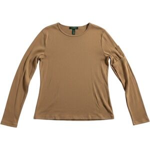 Lauren Ralph Lauren Top L Brown Long Sleeve Ribbed Cotton Utility Pocket Tee